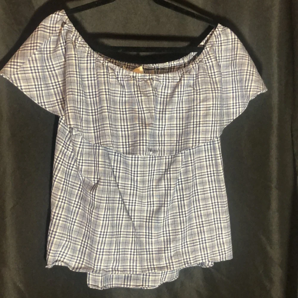 Michael Kors Women’s blue plaid off the shoulder cotton blouse